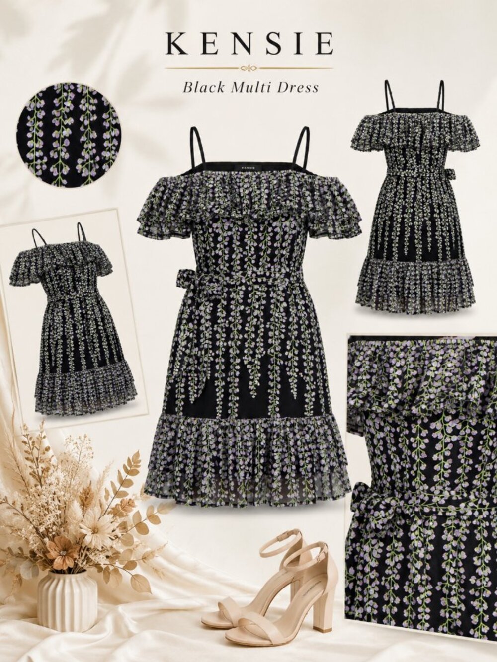 Kensie Black Multi Embroidered Off-the-Shoulder Mini Dress NWT